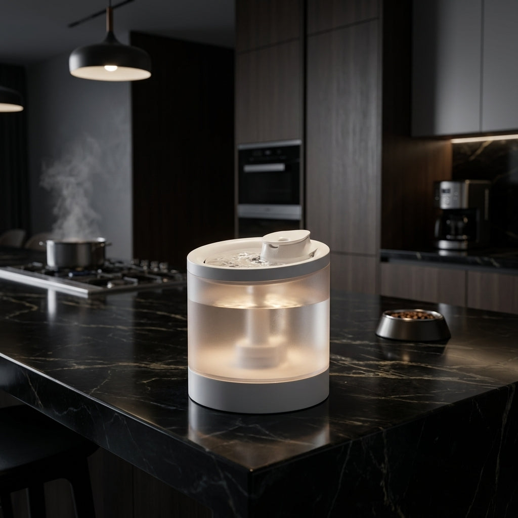 Pet fountain placed in a clean kitchen setting